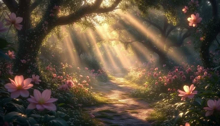 Sunbeams in a flower-filled forest