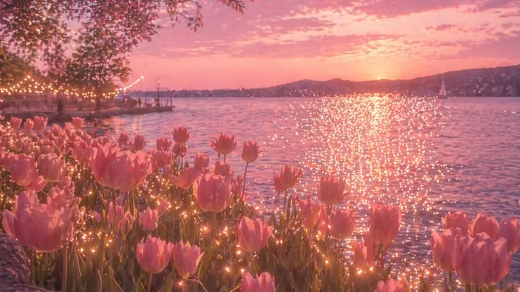 Pink tulips beside a lake at sunset